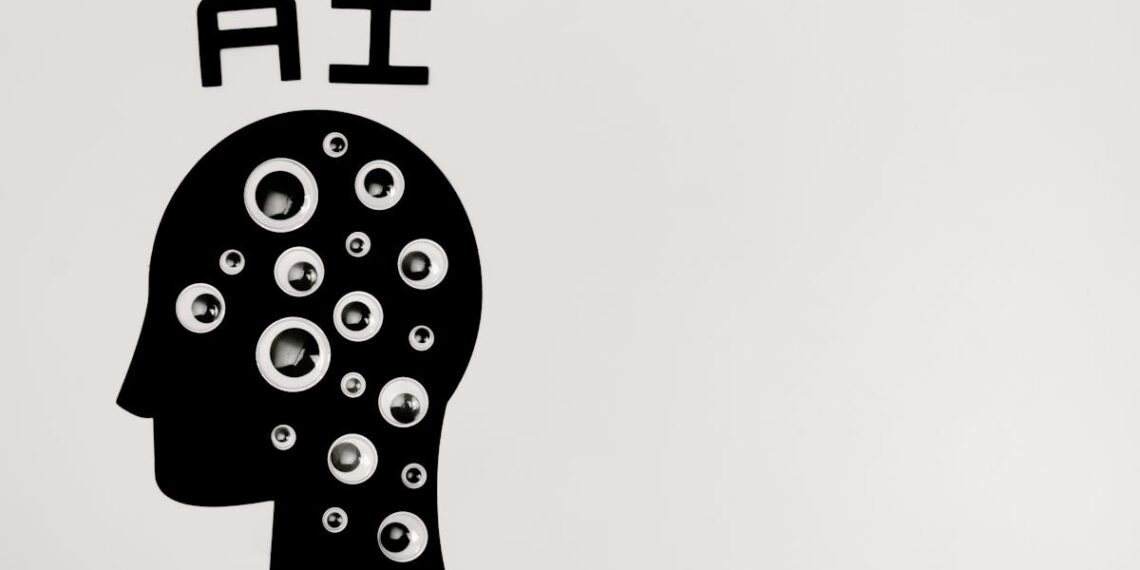 Abstract illustration of AI with silhouette head full of eyes, symbolizing observation and technology.