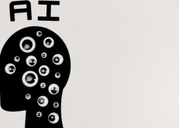 Abstract illustration of AI with silhouette head full of eyes, symbolizing observation and technology.